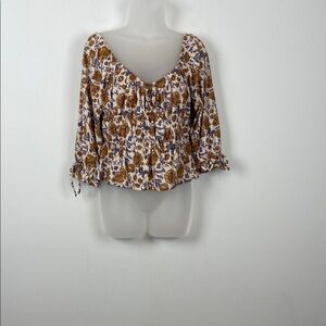 Tru Self Babydoll Y2K Floral 3/4 Sleeve Peplum Women's S Crop Top Brown White